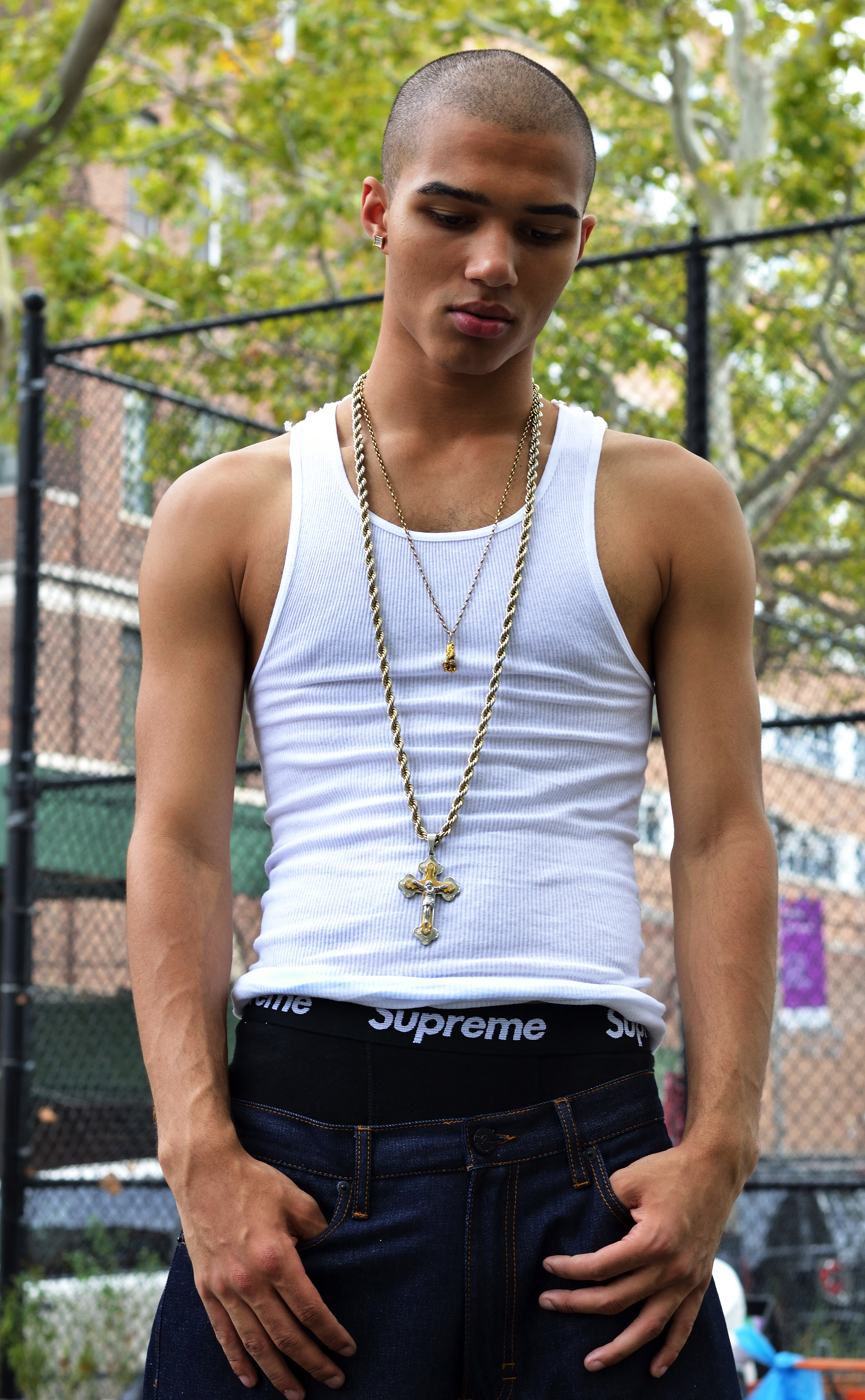 tank top HANES. briefs SUPREME. shorts ROCAWEAR. jewelry stylist’s own.
