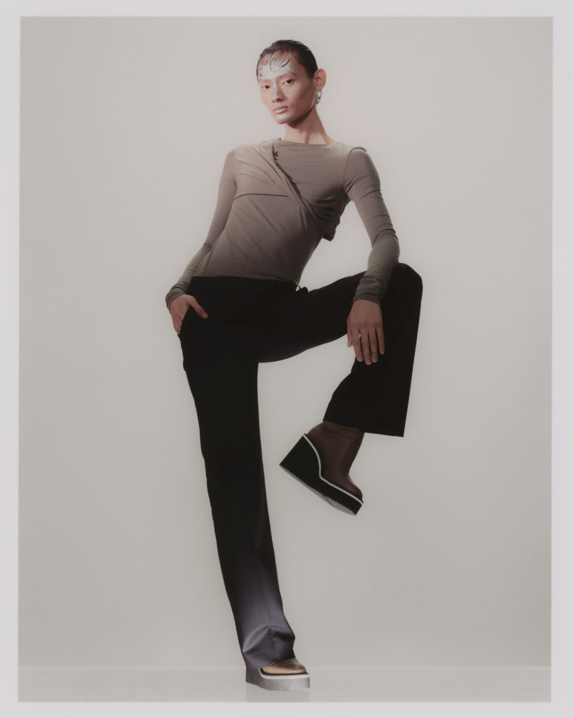 JULIAN WEARS top and pants MOON CHOI. earring LADY GREY. shoes CLERGERIE.